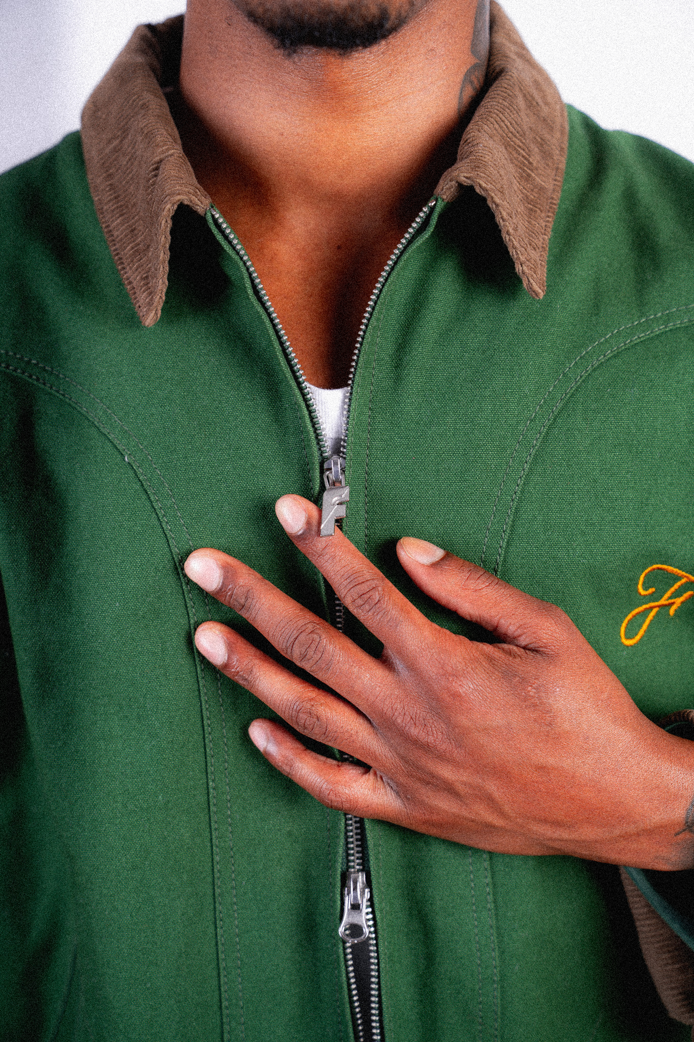 Bandit Jacket by Fades corduroy collar and zipper detail worn by model