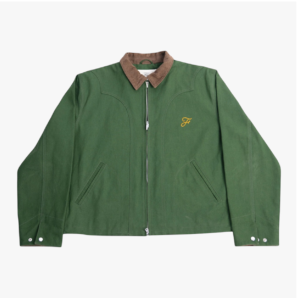 The bandit green zip-up jacket with brown corduroy collar and embroidered logo