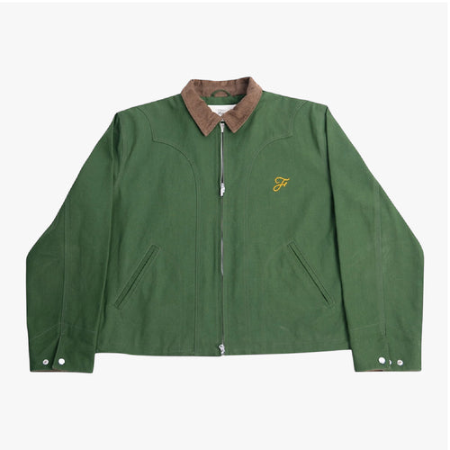 The bandit green zip-up jacket with brown corduroy collar and embroidered logo