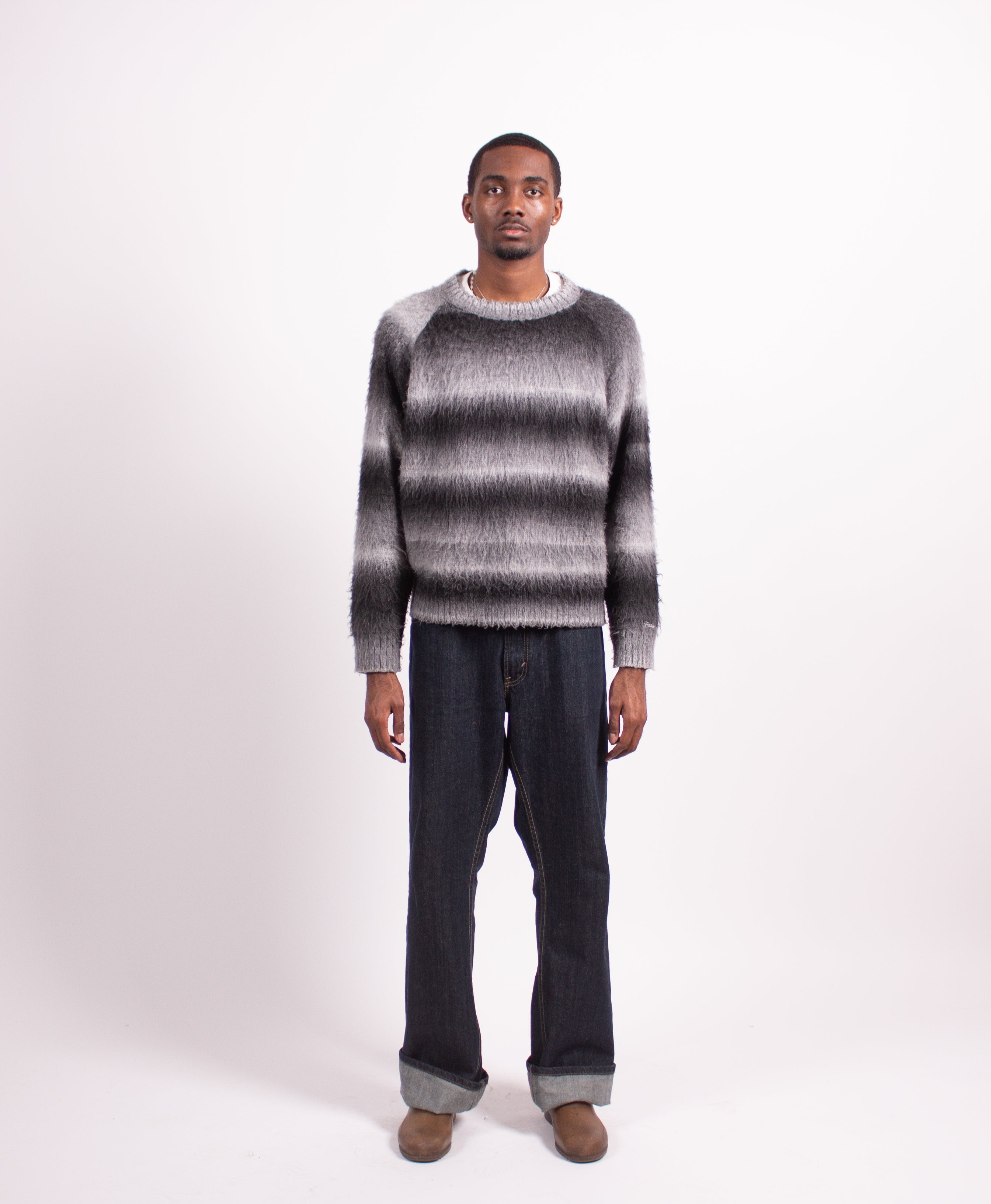 Mountain Sweater Grey by Fades grey raglan sleeve sweater worn by model