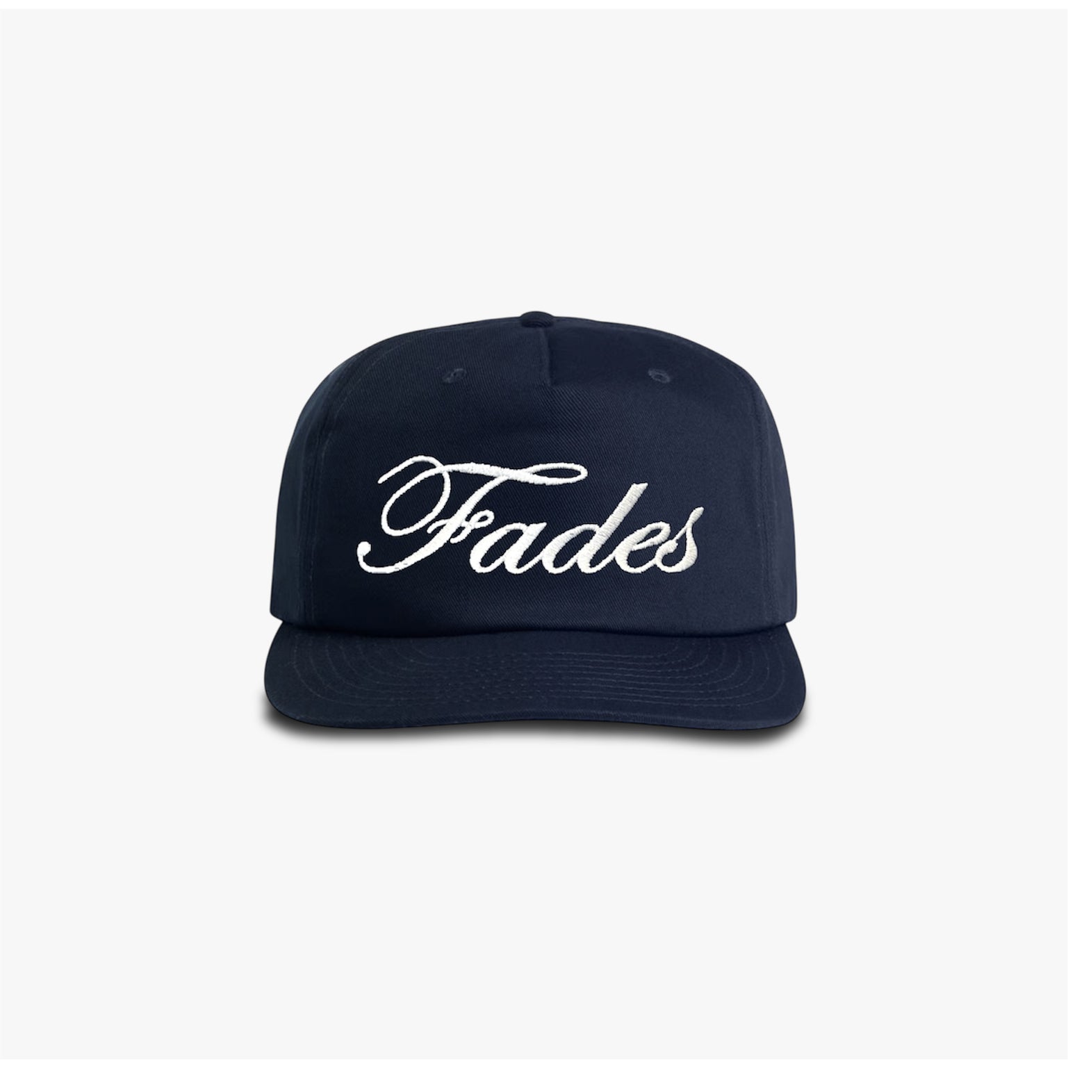 Navy Cursive Fades Snapback navy blue cotton polyester snapback hat with front embroidery