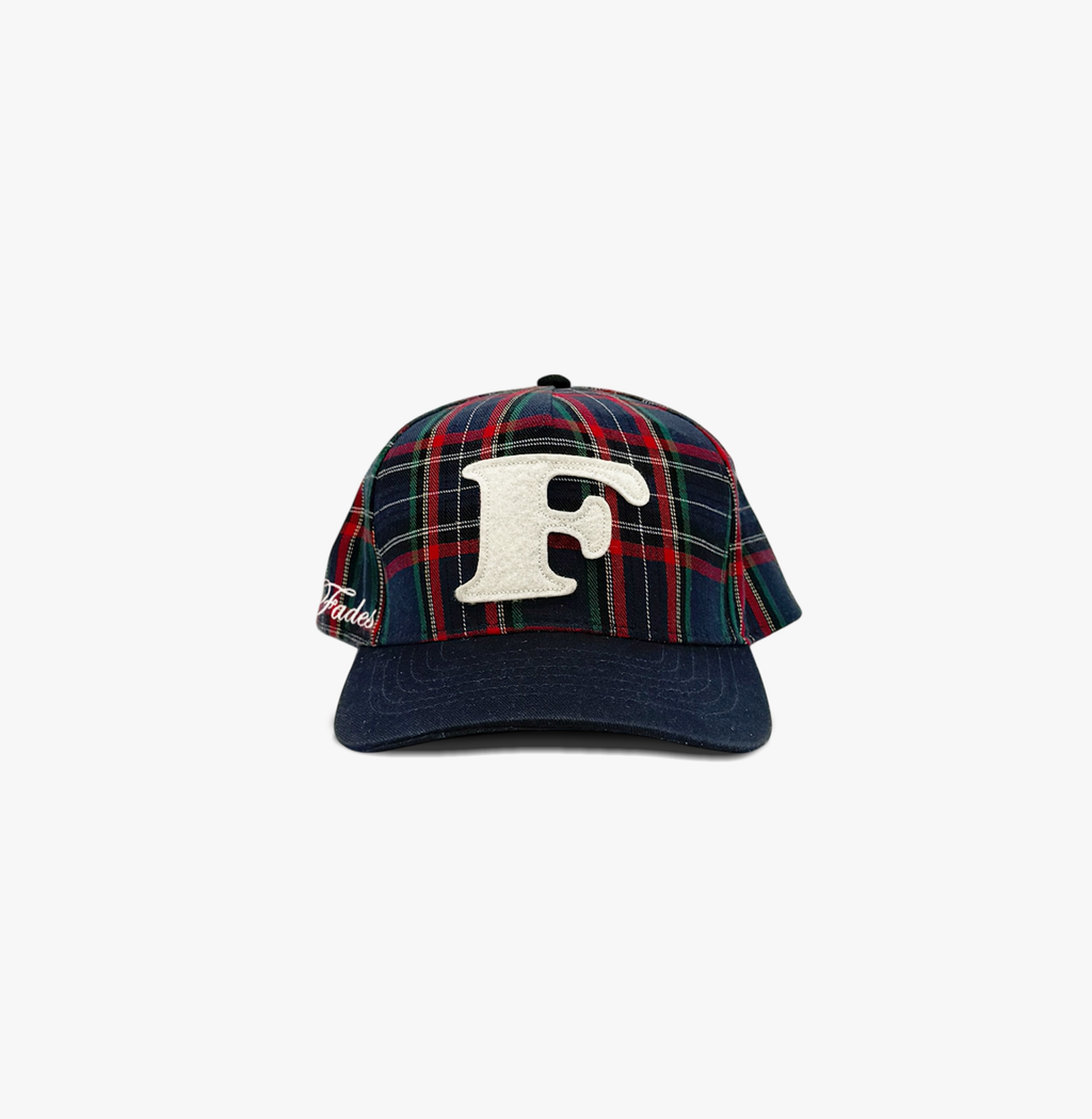 Plaid “F” Snapback by Fades navy, red, green plaid cotton snapback hat with embroidered F logo