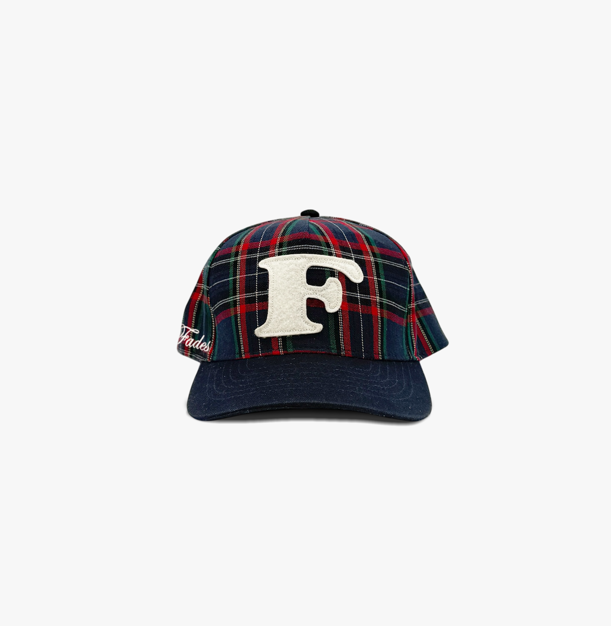 Plaid “F” Snapback by Fades navy, red, green plaid cotton snapback hat with embroidered F logo