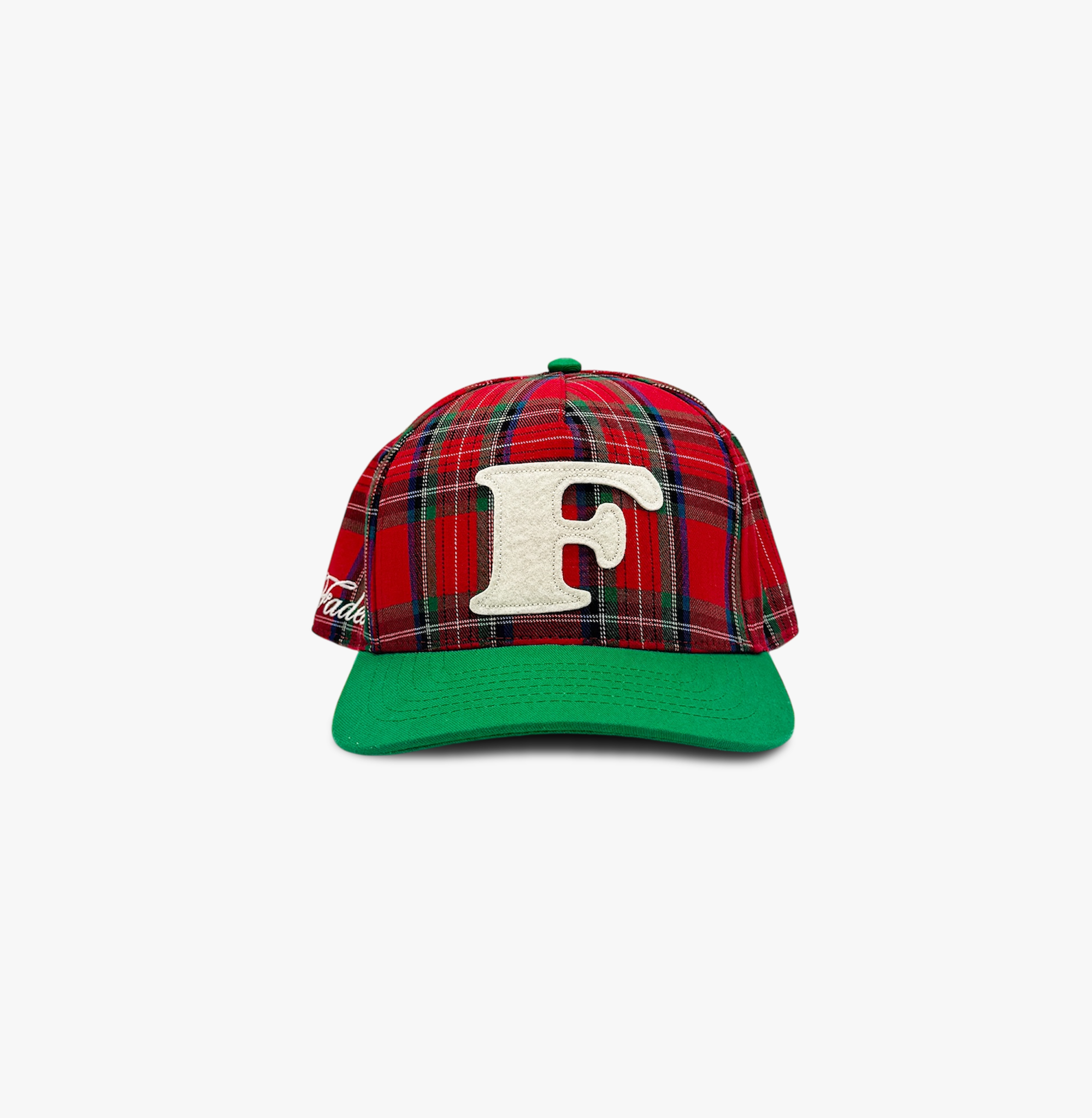 Plaid “F” Snapback by Fades red and green plaid cotton snapback hat with embroidered F logo