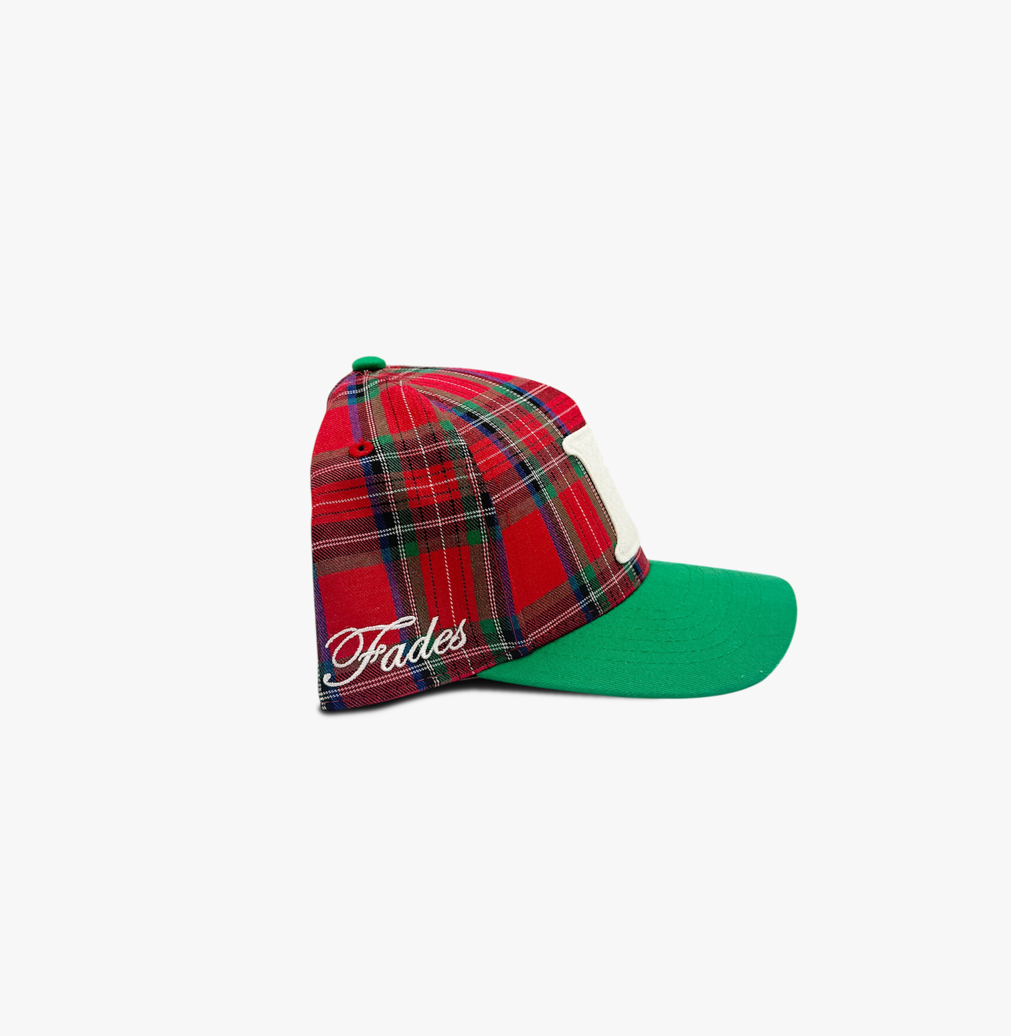 Plaid “F” Snapback by Fades side view of red and green plaid snapback hat