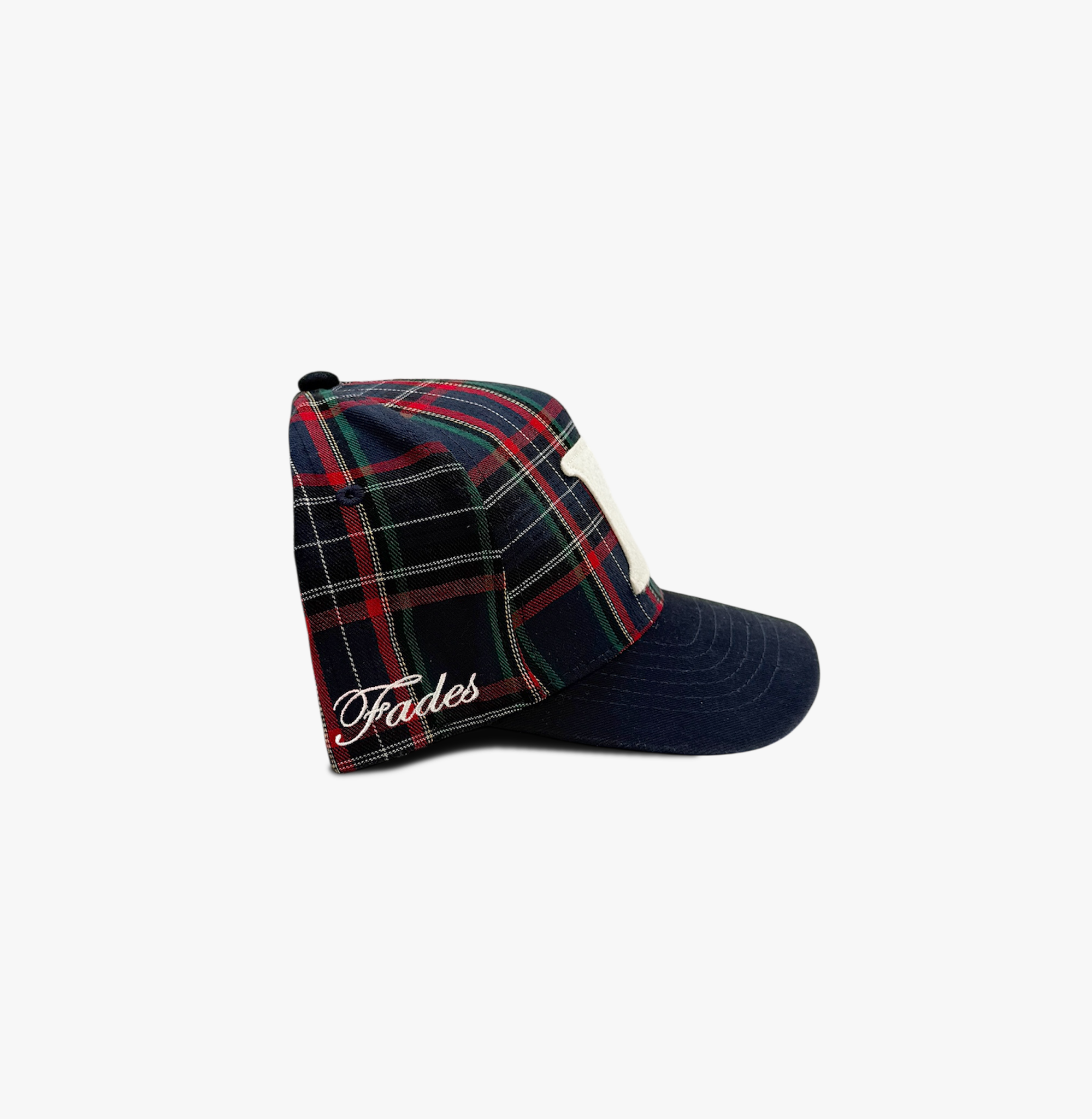 Plaid “F” Snapback by Fades side view of  plaid snapback hat with embroidered logo