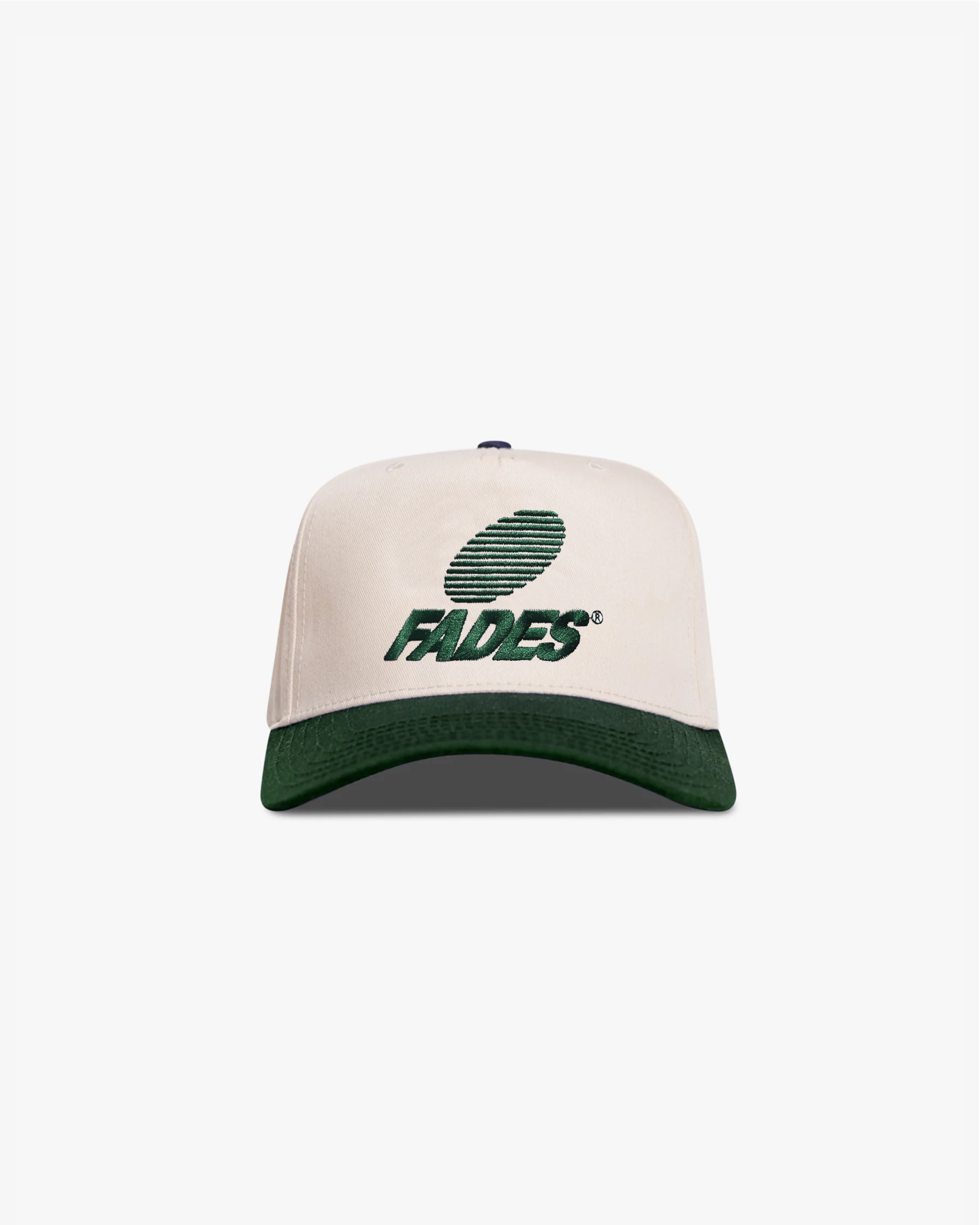 Thumbprint Hat by Fades white and green cotton polyester snapback hat with embroidered logo