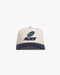 Thumbprint Hat by Fades white and navy cotton polyester snapback hat with embroidered logo