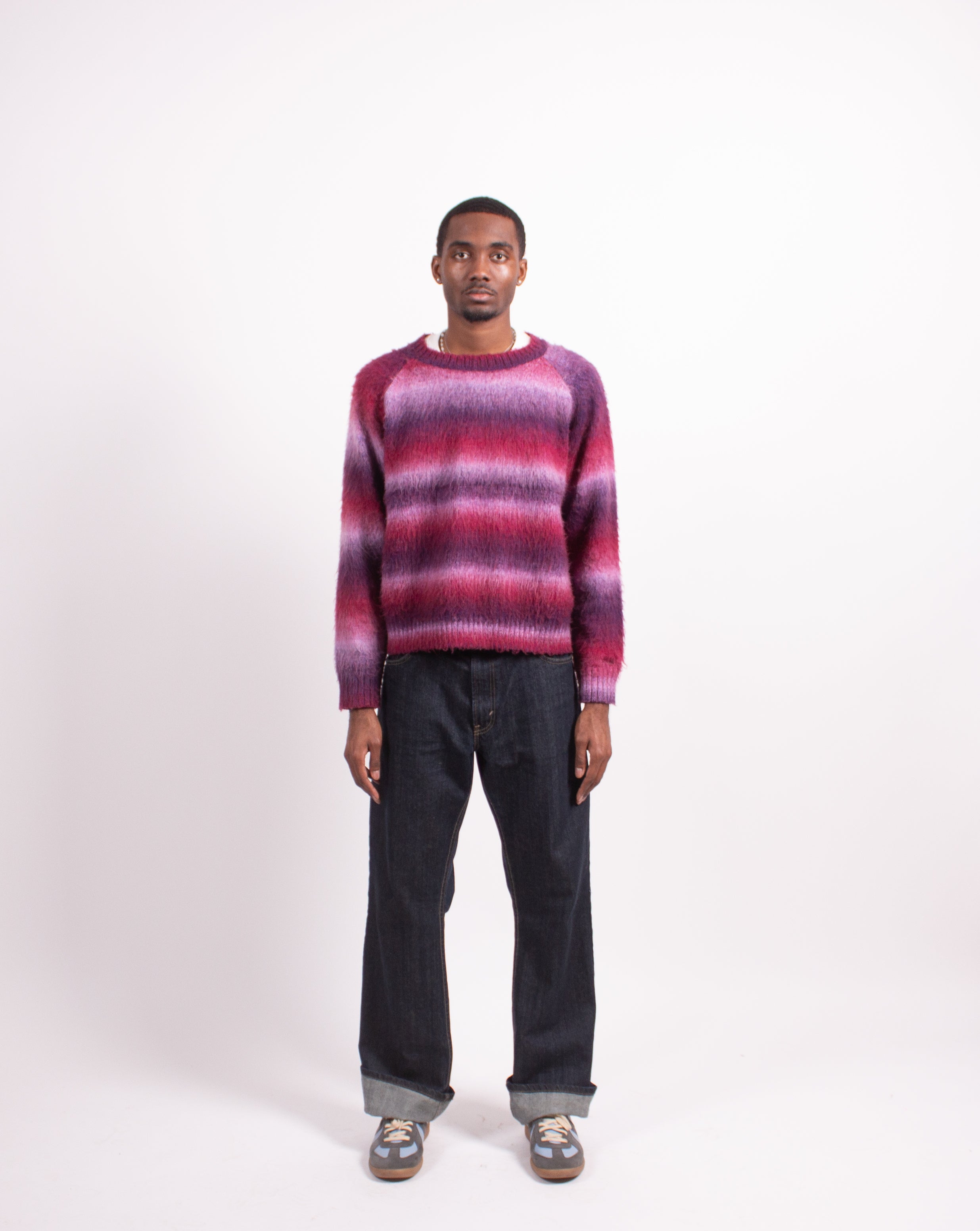 Mountain Sweater Purple and Pink worn by model front view